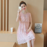 Summer new maternity dress Korean shirt lace crochet flower maternity dress long pregnant women dress - Almoni Express