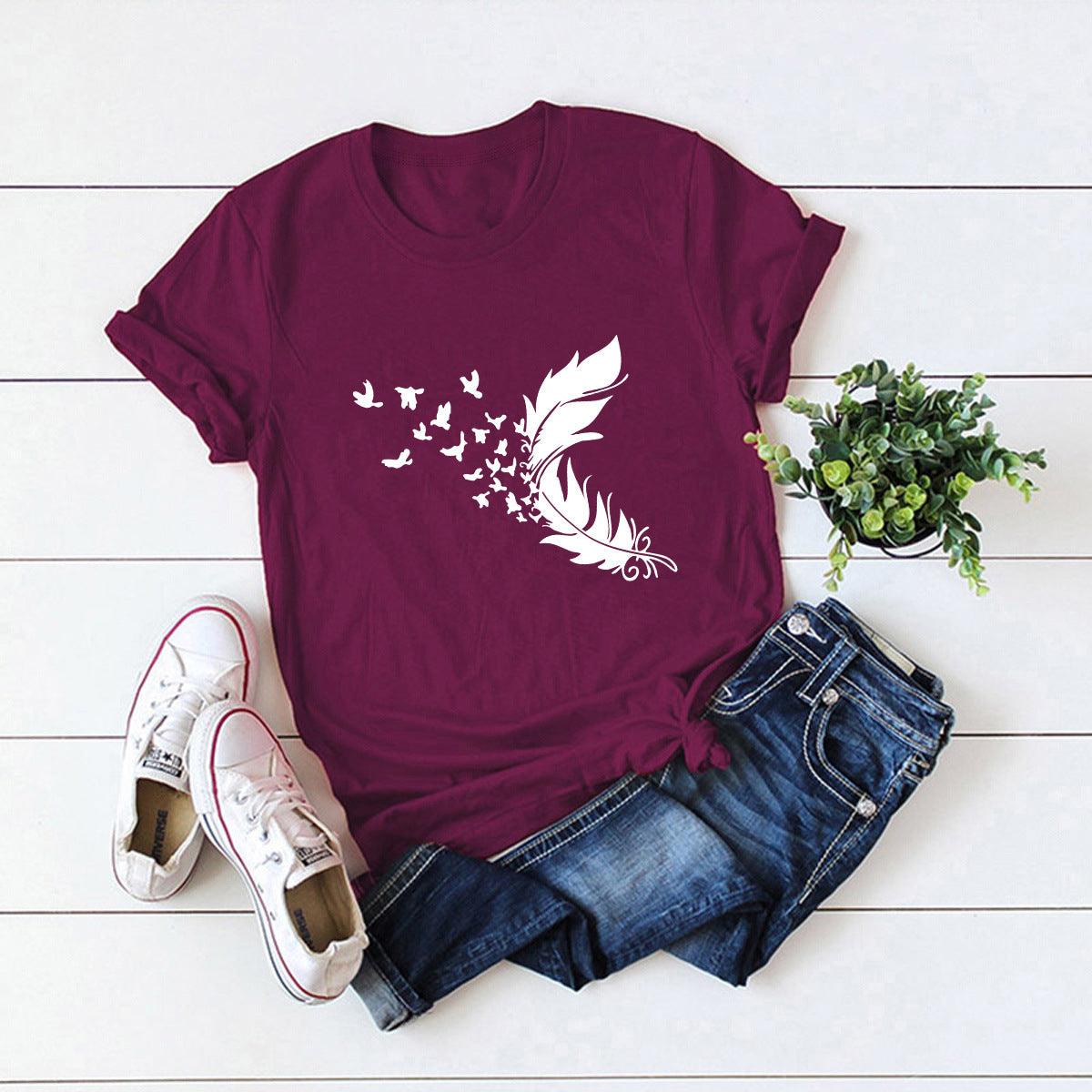 Summer Plus Size Women Clothing New Feather Print T-Shirt - Almoni Express