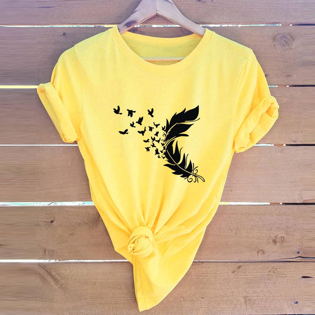 Summer Plus Size Women Clothing New Feather Print T-Shirt - Almoni Express