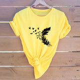 Summer Plus Size Women Clothing New Feather Print T-Shirt - Almoni Express