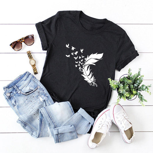 Summer Plus Size Women Clothing New Feather Print T-Shirt - Almoni Express