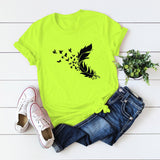 Summer Plus Size Women Clothing New Feather Print T-Shirt - Almoni Express