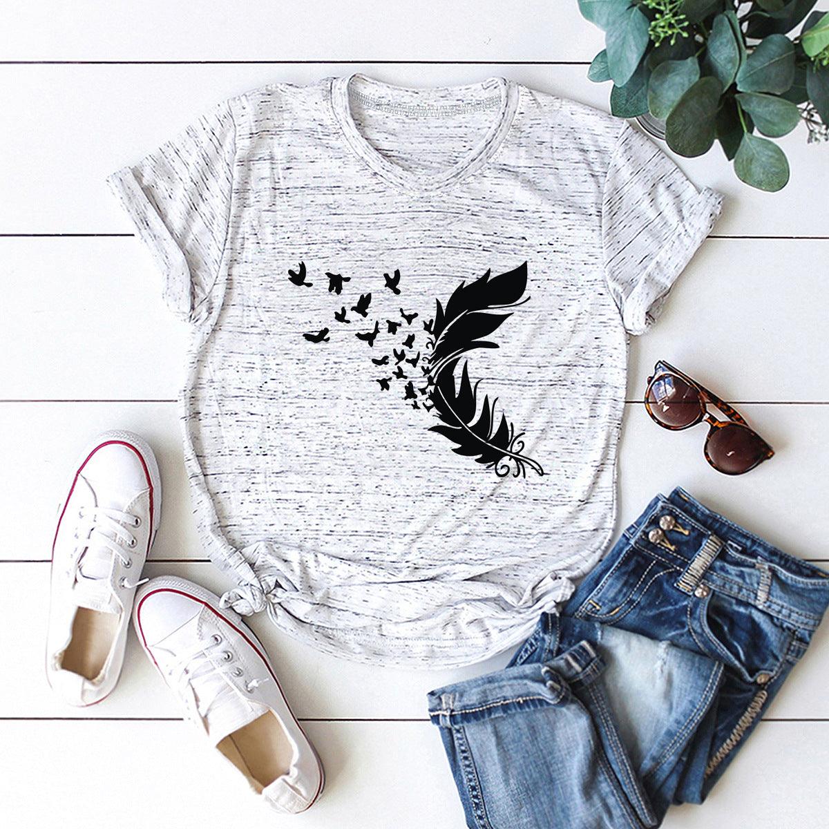 Summer Plus Size Women Clothing New Feather Print T-Shirt - Almoni Express