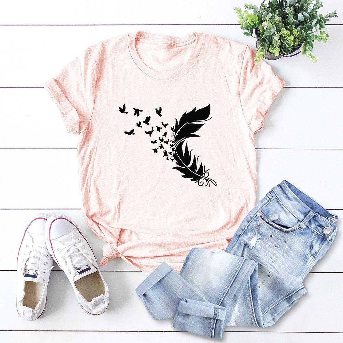 Summer Plus Size Women Clothing New Feather Print T-Shirt - Almoni Express