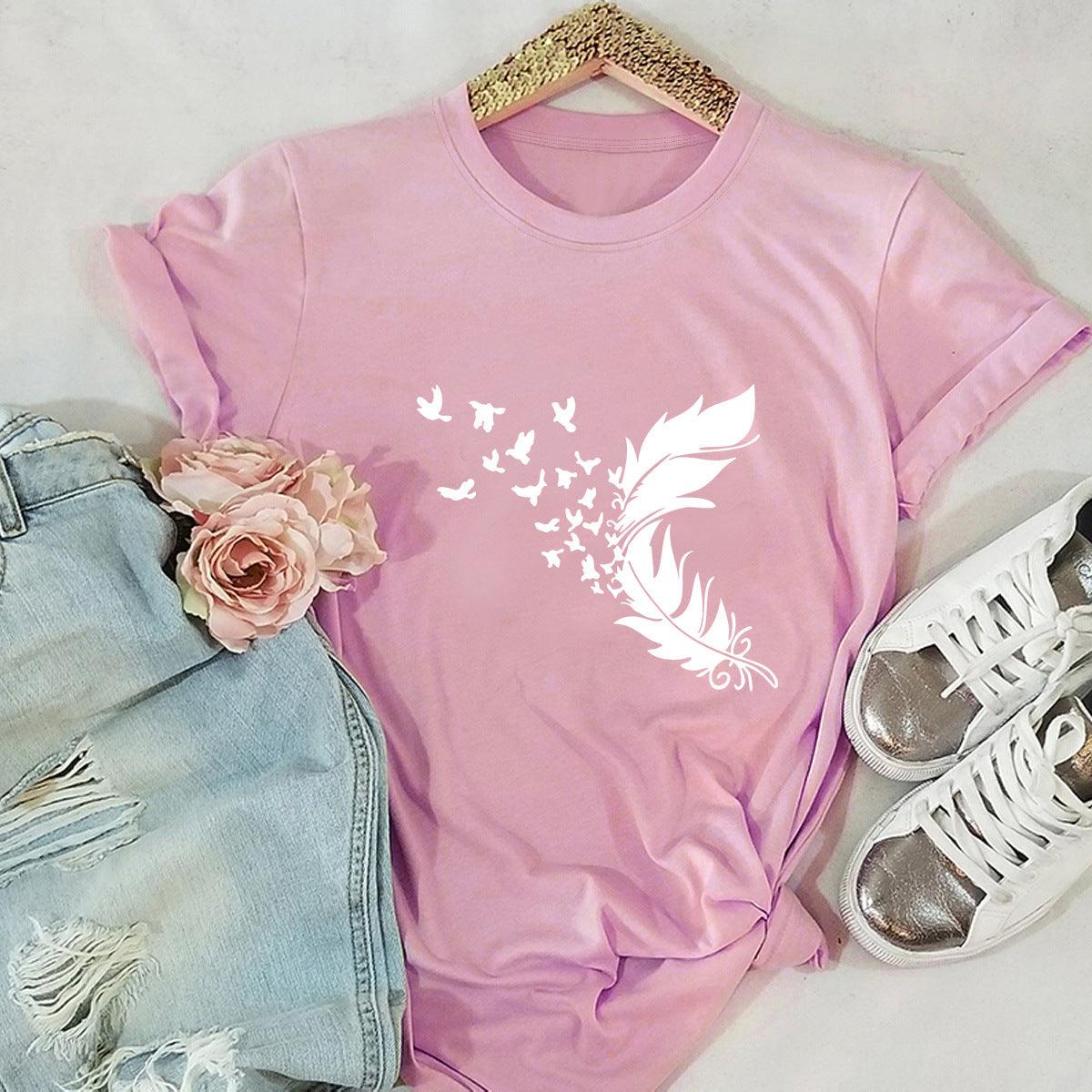 Summer Plus Size Women Clothing New Feather Print T-Shirt - Almoni Express