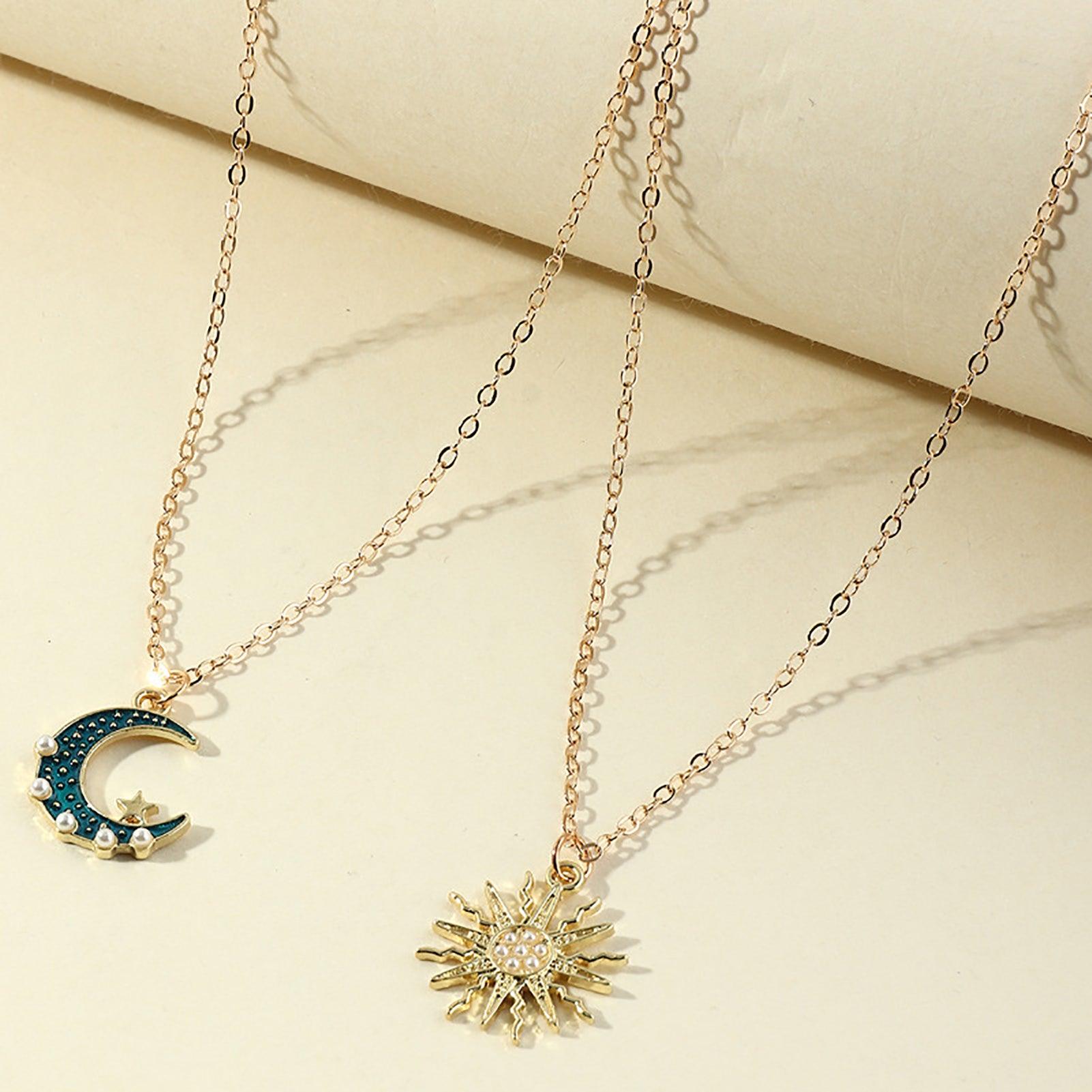 Sun Moon Necklace Blue Gold Stainless Steel Pendant Necklaces Jewelry - AL MONI EXPRESS