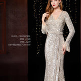 Temperament Banquet Ladies Sequined Annual Meeting Host Long Evening Dress - Almoni Express