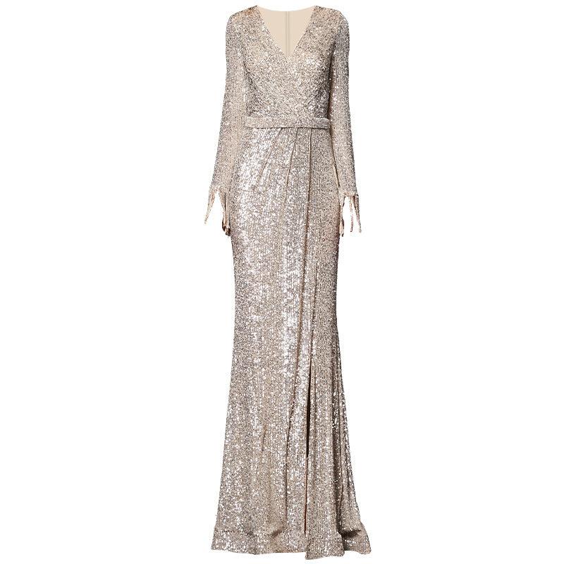 Temperament Banquet Ladies Sequined Annual Meeting Host Long Evening Dress - Almoni Express