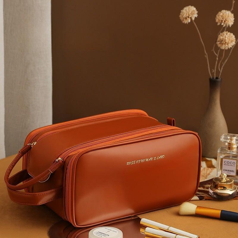 Three-layer Double Zipper U-shaped Design Cosmetic Bag Fashion High Capacity Make Up Bags Portable Pu Leather Storage Bag For Skin Care Products - AL MONI EXPRESS