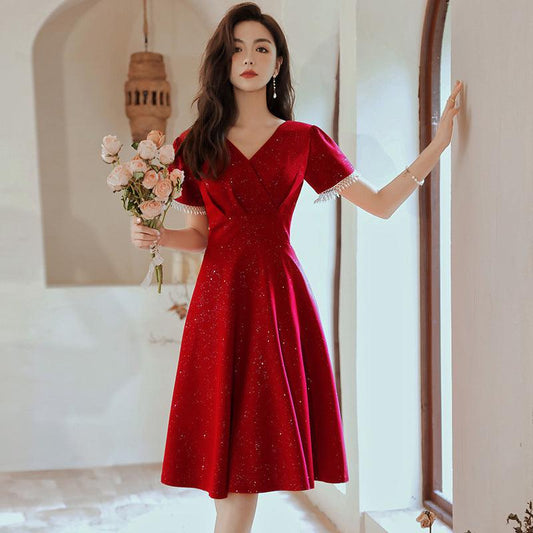 Toast Dress Bride Wine Red Wedding Dress Engagement Back Door Dress - Almoni Express