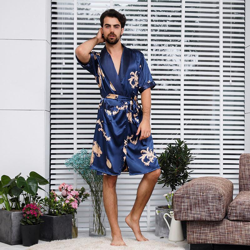 Two-piece Suit Of Dragon Pattern Bathrobe Silk Nightgown And Short Pajama Pants - Almoni Express