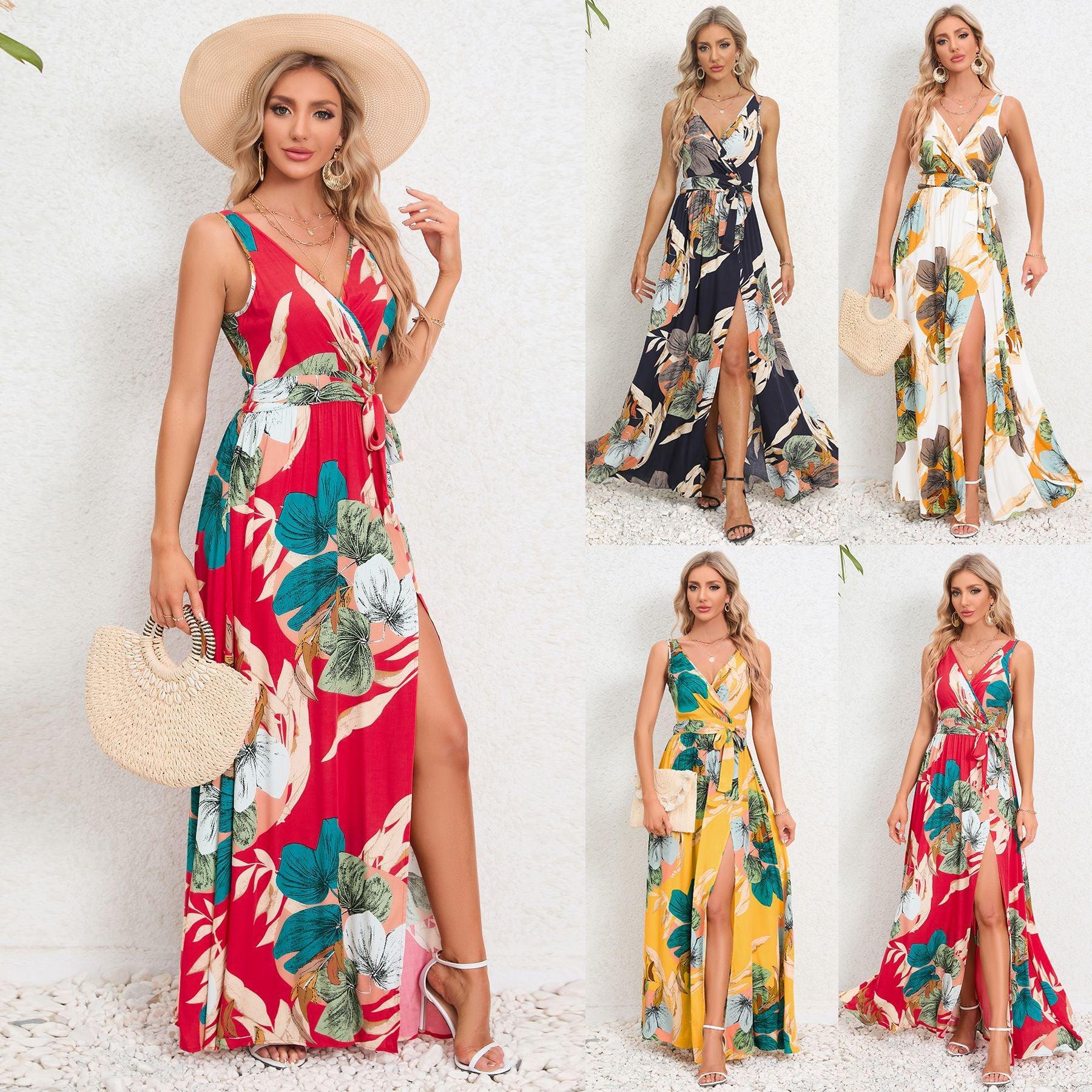 V-neck Floral Print Long Dress Summer Fashion Waist Tie Slit Design Sleeveless Dress For Womens Clothing - AL MONI EXPRESS