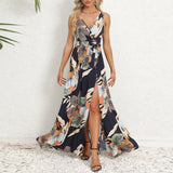 V-neck Floral Print Long Dress Summer Fashion Waist Tie Slit Design Sleeveless Dress For Womens Clothing - AL MONI EXPRESS