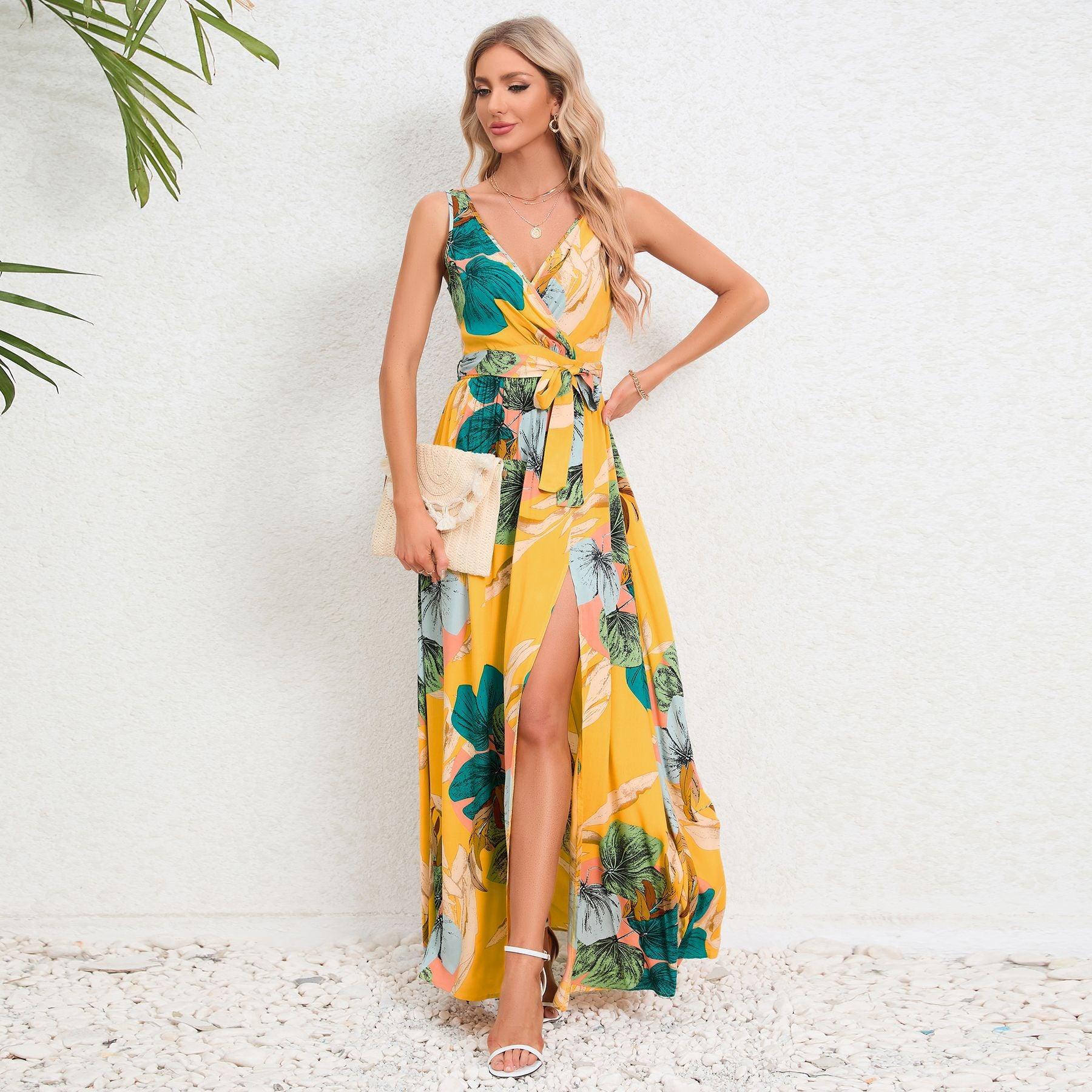 V-neck Floral Print Long Dress Summer Fashion Waist Tie Slit Design Sleeveless Dress For Womens Clothing - AL MONI EXPRESS