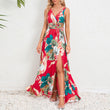 V-neck Floral Print Long Dress Summer Fashion Waist Tie Slit Design Sleeveless Dress For Womens Clothing - AL MONI EXPRESS