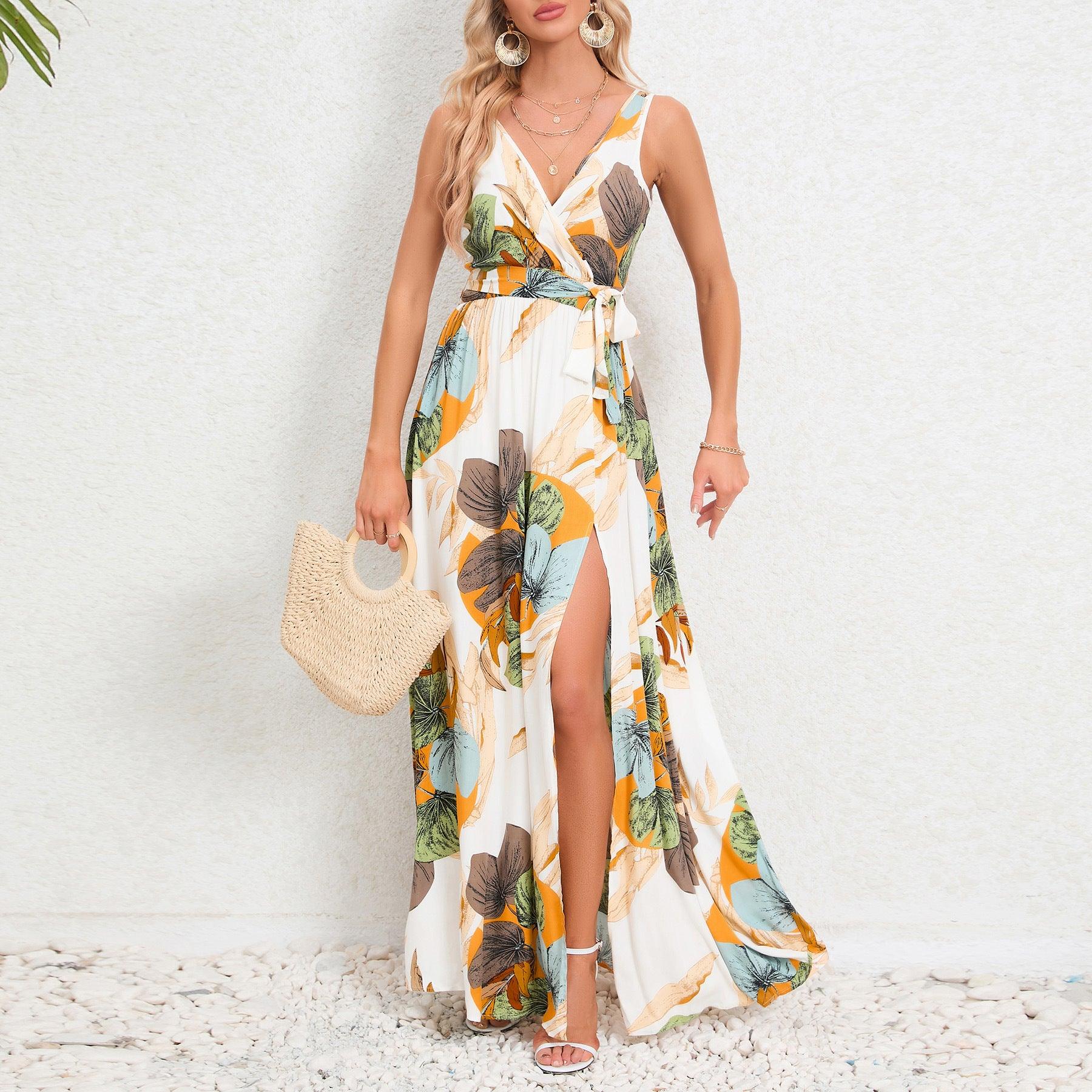 V-neck Floral Print Long Dress Summer Fashion Waist Tie Slit Design Sleeveless Dress For Womens Clothing - AL MONI EXPRESS