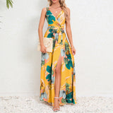 V-neck Floral Print Long Dress Summer Fashion Waist Tie Slit Design Sleeveless Dress For Womens Clothing - AL MONI EXPRESS