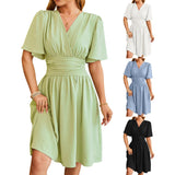 V-neck Short-sleeved Dress Fashion Bell-sleeved Dress Summer Womens Clothing - AL MONI EXPRESS