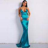 V-neck solid color sling backless ladies evening dress - Almoni Express