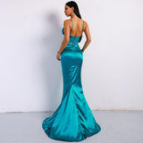 V-neck solid color sling backless ladies evening dress - Almoni Express