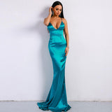 V-neck solid color sling backless ladies evening dress - Almoni Express