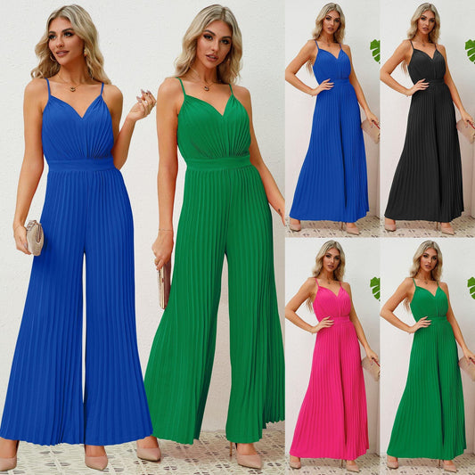 V-neck Suspender Pleated Jumpsuit Solid Color Loose Straight Pants Womens Clothing - AL MONI EXPRESS