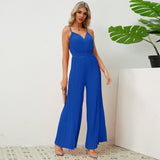 V-neck Suspender Pleated Jumpsuit Solid Color Loose Straight Pants Womens Clothing - AL MONI EXPRESS