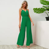 V-neck Suspender Pleated Jumpsuit Solid Color Loose Straight Pants Womens Clothing - AL MONI EXPRESS