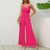 V-neck Suspender Pleated Jumpsuit Solid Color Loose Straight Pants Womens Clothing - AL MONI EXPRESS