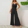 V-neck Suspender Pleated Jumpsuit Solid Color Loose Straight Pants Womens Clothing - AL MONI EXPRESS