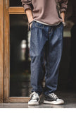 Vintage Denim Washed Elastic Waist Loose Jeans Cityboy Wide Leg Tapered Pants Men - AL MONI EXPRESS