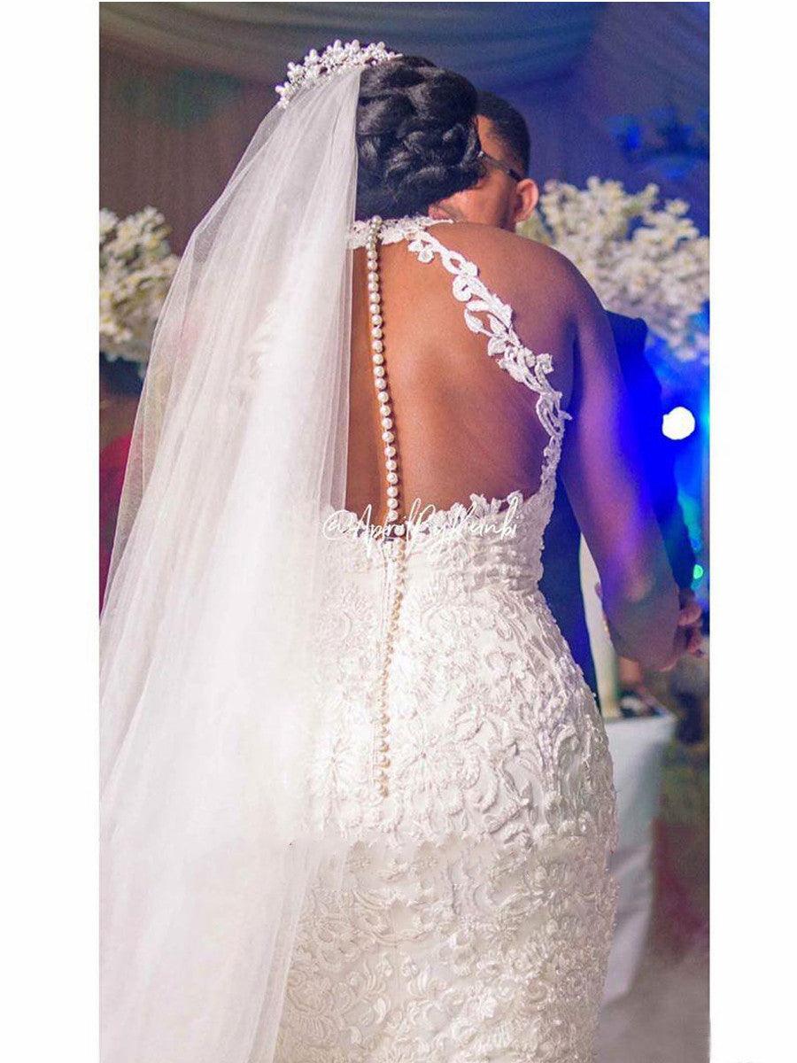 Vintage Lace Beaded Wedding Dresses Sheer Neck Mermaid Bridal Dresses Sexy Cheap Wedding Gowns - Almoni Express