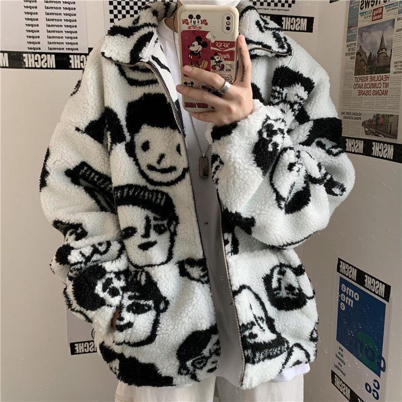 WAKUTA Winter Wool Coat Female Street Wear Chic Cute Funny Print Coats and Jackets Casual Loose Winter Clothes for Women - Almoni Express