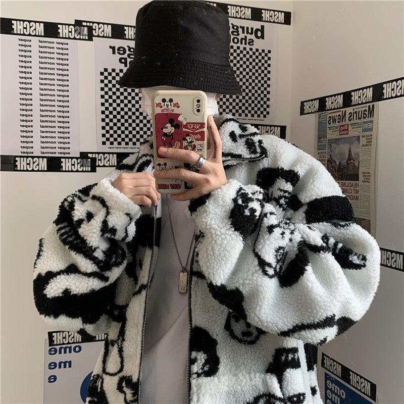 WAKUTA Winter Wool Coat Female Street Wear Chic Cute Funny Print Coats and Jackets Casual Loose Winter Clothes for Women - Almoni Express