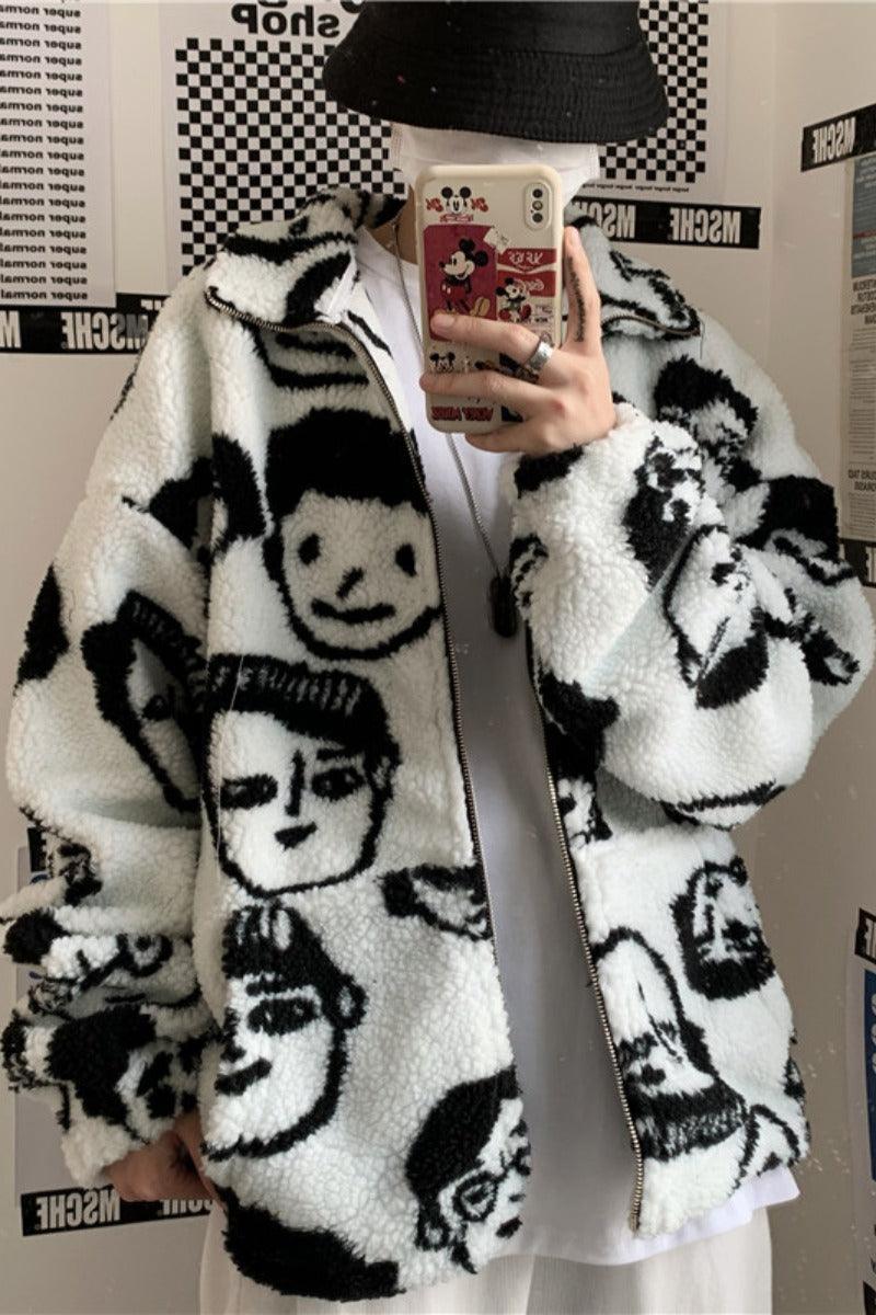 WAKUTA Winter Wool Coat Female Street Wear Chic Cute Funny Print Coats and Jackets Casual Loose Winter Clothes for Women - Almoni Express