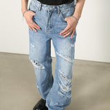 Washed Blue With Holes Straight Jeans For Men - AL MONI EXPRESS