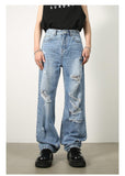 Washed Blue With Holes Straight Jeans For Men - AL MONI EXPRESS