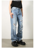 Washed Blue With Holes Straight Jeans For Men - AL MONI EXPRESS