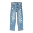 Washed Blue With Holes Straight Jeans For Men - AL MONI EXPRESS