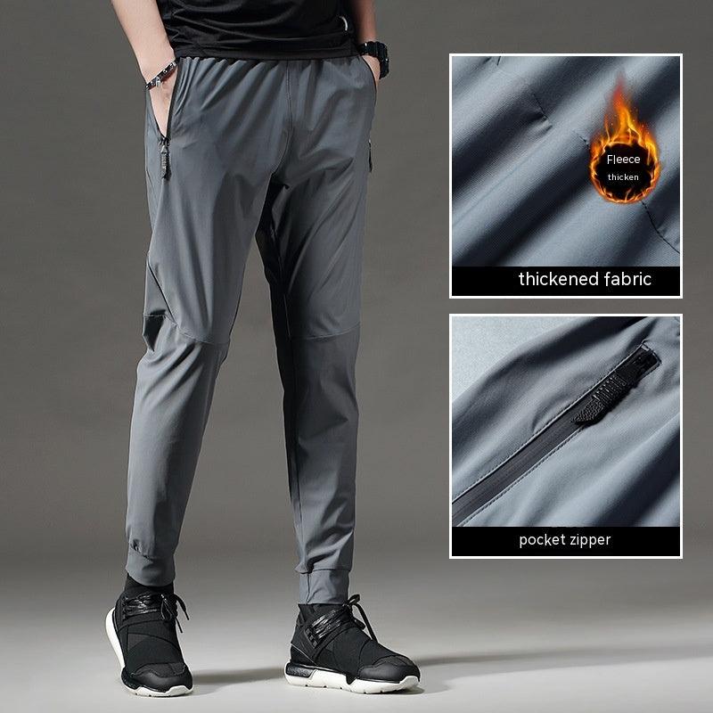 Waterproof Windproof Breathable Thickening Fleece-lined Keep Warm Elastic Fitness Sports And Leisure Running Trousers - Almoni Express