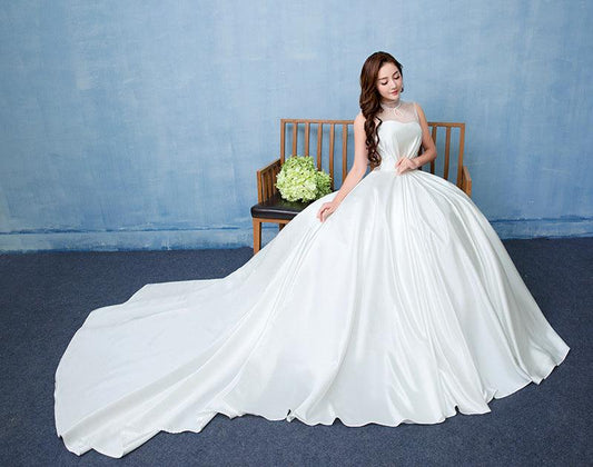 wedding dress bride married Korean version of the satin big tail studio wedding dress - Almoni Express