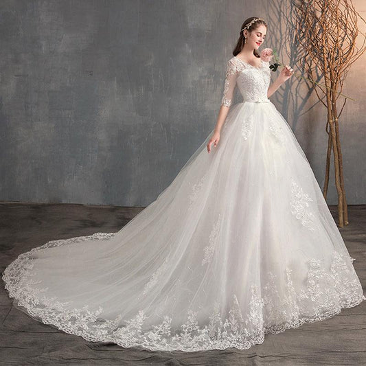 Wedding Dress Trailing Deep V Neck Lace High Waist Wedding Dress Long Sleeves - Almoni Express