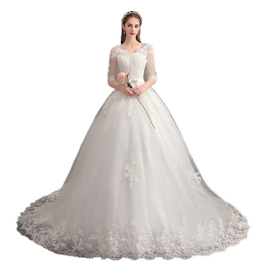 Wedding Dress Trailing Deep V Neck Lace High Waist Wedding Dress Long Sleeves - Almoni Express