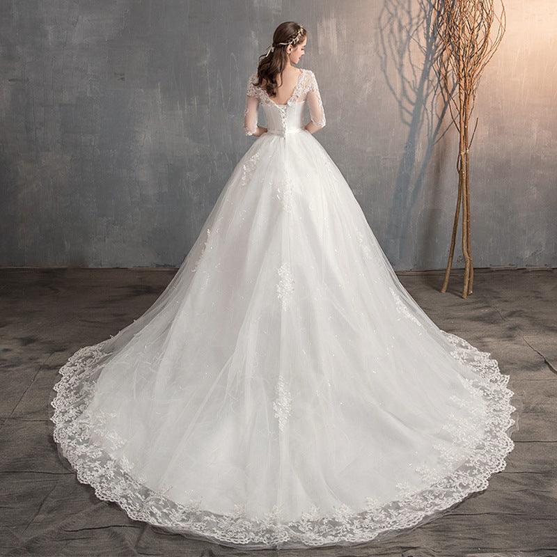 Wedding Dress Trailing Deep V Neck Lace High Waist Wedding Dress Long Sleeves - Almoni Express