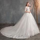 Wedding Dress Trailing Deep V Neck Lace High Waist Wedding Dress Long Sleeves - Almoni Express