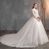 Wedding Dress Trailing Deep V Neck Lace High Waist Wedding Dress Long Sleeves - Almoni Express