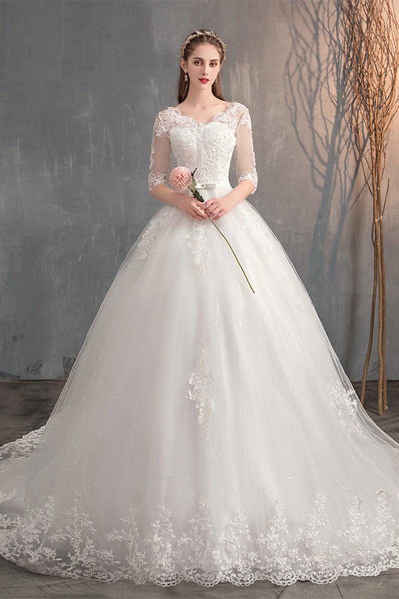 Wedding Dress Trailing Deep V Neck Lace High Waist Wedding Dress Long Sleeves - Almoni Express