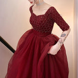 Wine Red Engagement Back Door Evening Dress Female Long Sleeve - Almoni Express