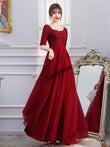 Wine Red Engagement Back Door Evening Dress Female Long Sleeve - Almoni Express