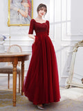 Wine Red Engagement Back Door Evening Dress Female Long Sleeve - Almoni Express